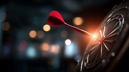 Closeup dart hitting bullseye on dartboard signifying precision accuracy success game of darts target achievement skill demonstration recreational sport defocused background