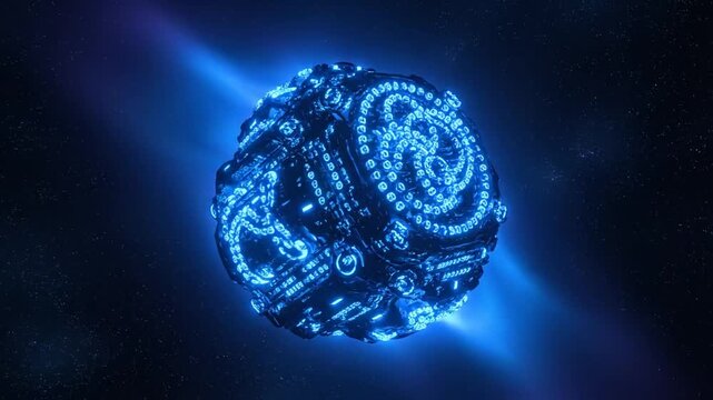 Glowing blue circuit board sphere with neon lights. Futuristic 3D holographic-style motion graphics: A creative, trending background animation video.