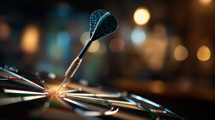 Closeup dart hitting bullseye on dartboard signifying precision accuracy success game of darts target achievement skill demonstration recreational sport defocused background