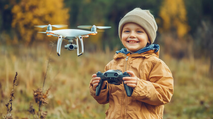 Smiling toddler flying drone in autumn nature. Early learning, playful technology and modern childhood concept.