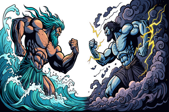 A powerful clash of elemental titans: the water wave warrior battles the storm and lightning entity
