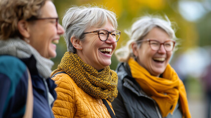 Group of smiling senior women friends in autumn park.