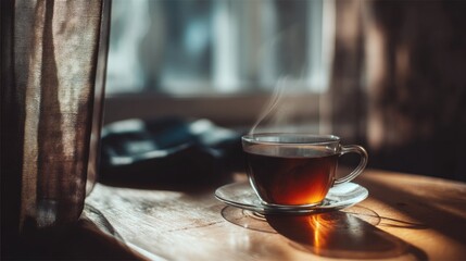 Warm Cup of Brewed Tea with Steam Rising, Set Against a Soft Light Window Background for Cozy Ambiance and Relaxation