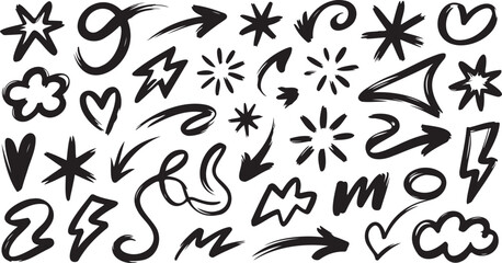 Fototapeta premium Collection of hand drawn black brush strokes and doodle icons on transparent background