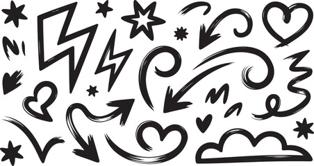 Fototapeta premium Collection of hand drawn brush stroke arrows hearts stars and elements on transparent background