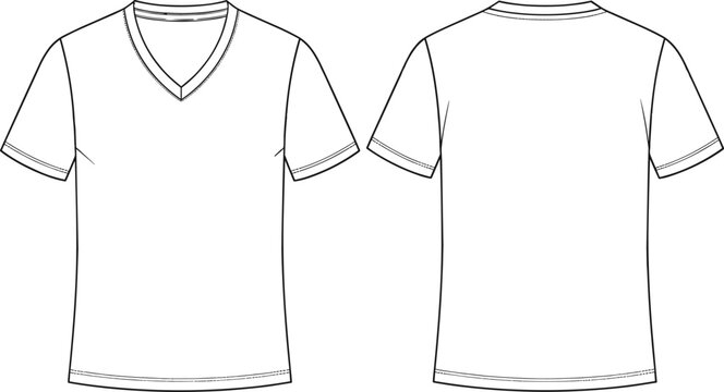 Vector Fashion Flat Sketch of Men's V-Neck T-Shirt Featuring a Classic Fit Short Sleeves and Detailed Topstitching on Front and Back Views for Apparel Design Template
