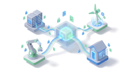 Future Technology Concept with AI Core, Robotics, and Green Energy in Isometric View