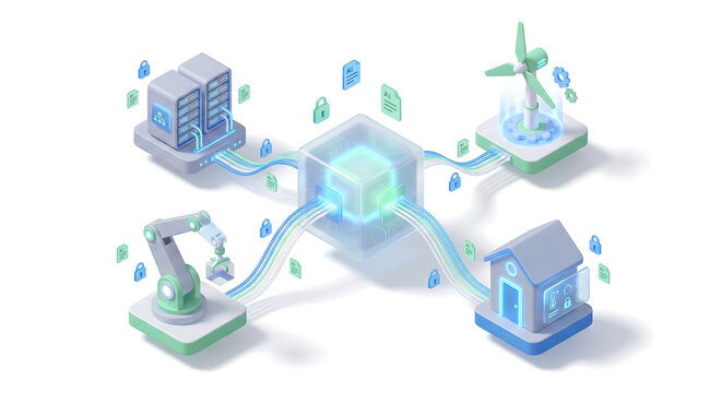 Future Technology Concept with AI Core, Robotics, and Green Energy in Isometric View