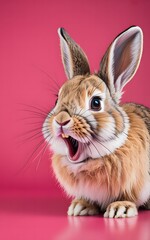 Fototapeta premium Adorable baby bunny with wide-open mouth and big ears, showing its teeth against a vibrant pink background.