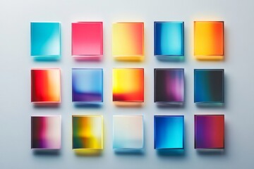 Collection of vibrant holographic gradient swatches arranged in a grid on a light gray background for design and color inspiration