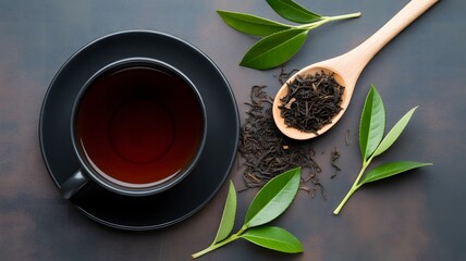 A top-down view of a black teacup filled with dark amber tea, next to a wooden spoon of loose black tea leaves and fresh tea sprigs.