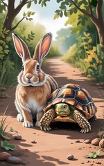 Naklejka premium A charming illustration of a rabbit and a tortoise sitting side-by-side on a dirt path in a lush forest setting.
