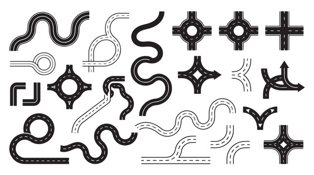 Road map constructor kit, asphalt highway segments and roundabouts, 22 vector street elements
