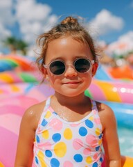 Little girl wearing sunglasses and a colorful polka dot swimsuit poses in an inflatable pool surrounded by vibrant inflatable structures under a bright blue sky with fluffy clouds