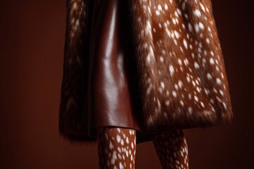 Model wearing deer fur print tights and a brown leather skirt poses against a rich brown background, showcasing a stylish and contemporary fashion ensemble with unique textures