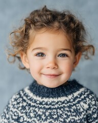 Cute child with curly hair wearing a textured navy and cream sweater poses in a studio setting with a soft gray background, showcasing a charming and playful expression