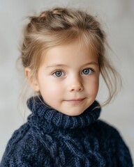 Little girl with light brown hair wearing a navy chunky knit sweater poses for a portrait against a soft neutral background with a warm and inviting atmosphere