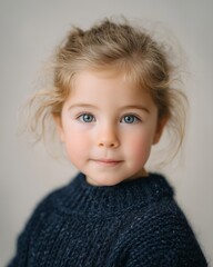 Little girl with light brown hair wearing a navy chunky knit sweater poses for a portrait against a soft neutral background with a gentle expression and bright blue eyes