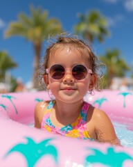 Little girl in colorful swimsuit wearing pink sunglasses is enjoying a sunny day in an inflatable pool surrounded by palm trees and bright blue sky with copy space