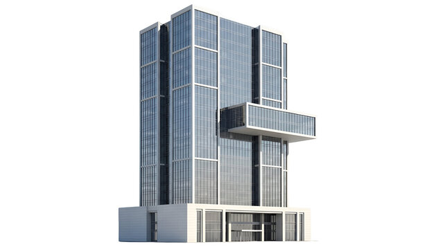 Tall blue glass building with white accents and protruding balcony