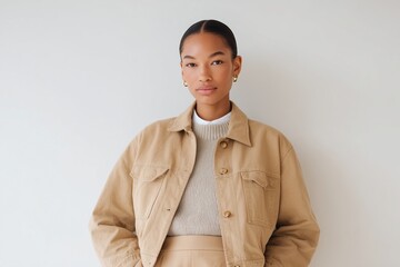 Young woman of Asian descent standing confidently in a studio wearing a beige jacket and sweater, with a neutral background providing a clean and modern aesthetic