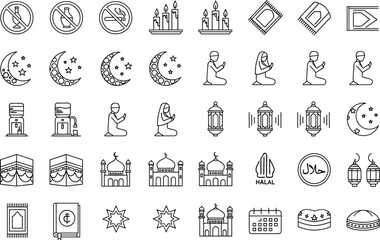 Vector Set of 45 Minimalist Islamic Line Art Icons Featuring Mosque Architecture People Praying Crescent Moons Kaaba Halal Symbols and Traditional Ramadan Lanterns