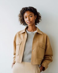 Young woman with curly hair wearing a tan jacket and gray sweater stands confidently against a light background, showcasing a modern fashion style with copy space for text