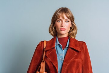 Confident female model wearing retro-inspired rust-colored jacket and denim shirt poses against a light blue background, showcasing modern fashion trends with a stylish handbag