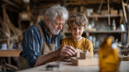 Faceless elderly man and young boy share moment crafting wooden models workshop illustrating generational bond art of woodworking skill passing defocused background with copy