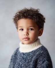 Cute child with curly hair wearing a textured navy and cream sweater poses in a studio setting with a soft, neutral background during a portrait session