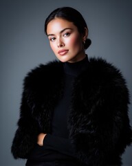 Elegant woman wearing a sleek black outfit and faux fur outerwear poses confidently against a dark background, showcasing a sophisticated fashion style with a modern aesthetic