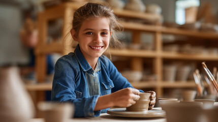 Happy smiling faceless girl having fun learning work with craft art clay handmade workshop ceramic studio little ceramist enjoy creative handcraft hobby pottery artisan school