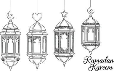 Vector Set of Four Highly Detailed Line Art Ramadan Lanterns with Intricate Geometric Patterns Topped with Crescent Moon Star and Heart Symbols for Islamic Holiday Greeting Design