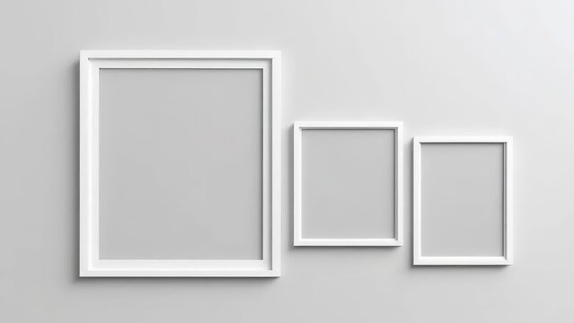 Three blank white picture frames of varying sizes hanging on a wall, ideal for showcasing artwork or photographs in a minimalist modern interior design setting with clean lines and simple aesthetics.