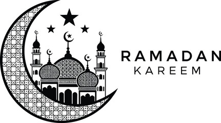 Vector Silhouette Illustration for Ramadan Kareem Featuring a Large Ornate Crescent Moon with Geometric Patterns Enclosing a Detailed Mosque Skyline and Stars on a White Background