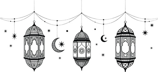 Vector Silhouette Illustration of Three Highly Detailed Ornate Hanging Ramadan Lanterns with Crescent Moons and Stars on Decorative Strings for Islamic Holiday Greeting Design