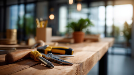 Rustic workshop scene with hand tools on wood table surrounded natural light minimalistic background renovated space crafting environment artisan workspace defocused