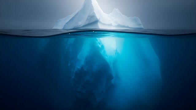 Great white shark fin above and below waterline dramatic underwater scene isolated on transparent background