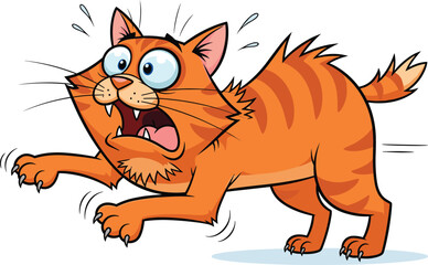Obraz premium Cartoon startled cat illustration, orange tabby with stripes, frightened feline character, humorous animal design, surprised expression, flat vector illustration
