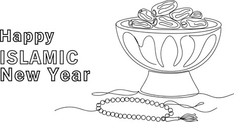 Minimalist Continuous Line Art Vector Illustration for Happy Islamic New Year Featuring a Bowl of Dates and Prayer Beads with Modern Outline Typography on a White Background
