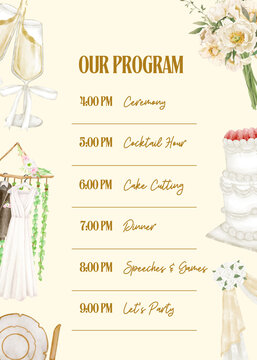 Wedding program template with floral decorations and schedule
