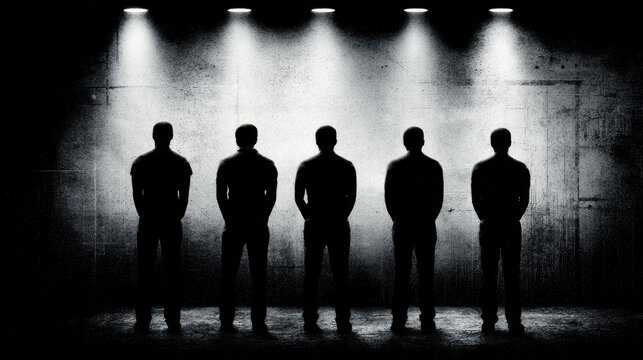 Silhouettes of five men standing in lineup under bright spotlights against textured wall, creating dramatic and tense atmosphere