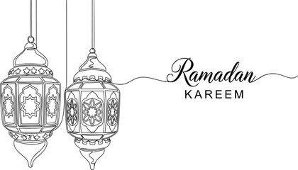 Minimalist Ramadan Kareem Line Art Illustration Featuring Two Ornate Hanging Lanterns with Detailed Geometric Patterns and Elegant Cursive Typography for Islamic Holiday Greeting Design