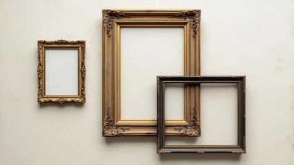 Fototapeta premium Elegant picture frames in various sizes and gold finishes displayed on a clean white background for decorative purposes