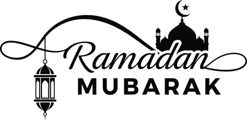 Ramadan Mubarak Vector Typography Banner Featuring Elegant Cursive Script with a Hanging Lantern Silhouette and a Mosque Skyline with Crescent Moon and Star for Islamic Holiday Greeting Design