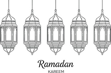 Vector Banner for Ramadan Kareem Featuring Five Hanging Detailed Line Art Lanterns with Ornate Geometric Frames and Minimalist Cursive Typography on a White Background