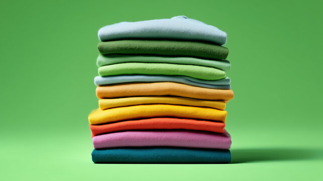 Stack of colorful t shirts on green background
