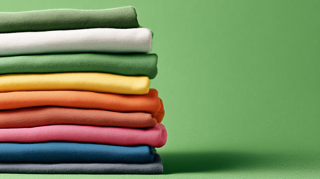 Stack of colorful t shirts on green background