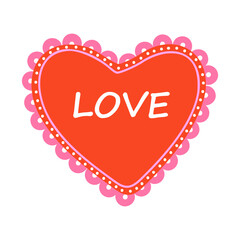 Cute illustration of a red heart with lace and the inscription Love. Isolated on a white background. Charming, romantic design, perfect for Valentine's Day, love themes, decorations, greeting cards