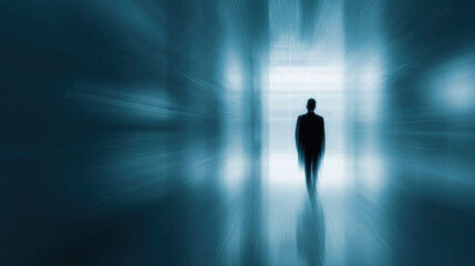 Abstract security flow without danger cue cyber security data protection digital tunnel anonymous silhouette corporate corridor motion blur blue